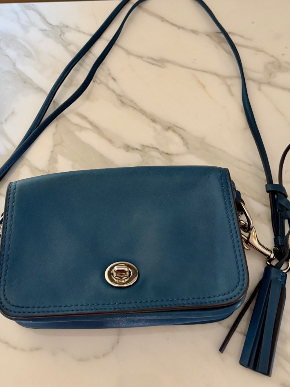 Coach Teal Blue Leather Turnlock Crossbody with double tassels - Picture 4 of 11